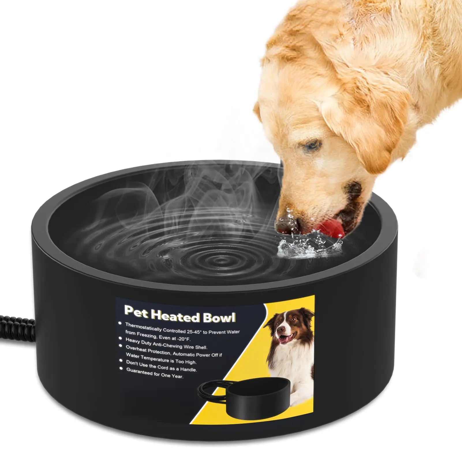 Yicostar Heated Water Bowl for Dogs & Cats Waterproof Heated Dog Bowl with Chew Resistant Cord Large Heated Pet Bowl Provide Warmable Water for Dogs Cats Chicken Birds in Winter 3.2L（Black）