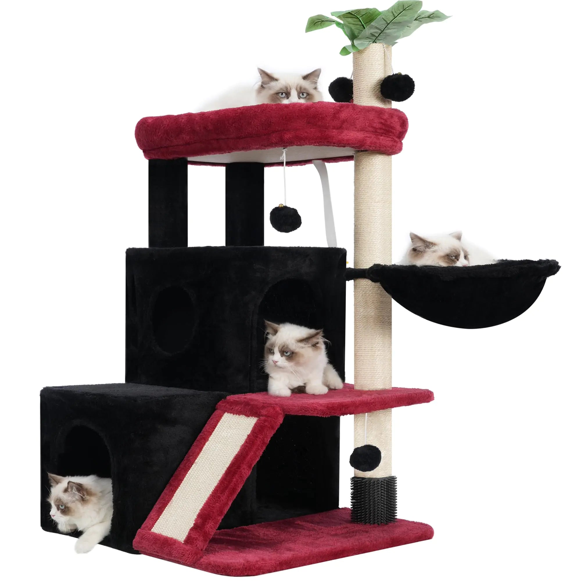 Gitelsnour Cat Tree Cat Tower with Spacious Cat Condo Cat Tree Tower for Indoor Cats with Cat Self Groomer Brush Cat Scratching Post Cat Hammock Black and red GCT012BR