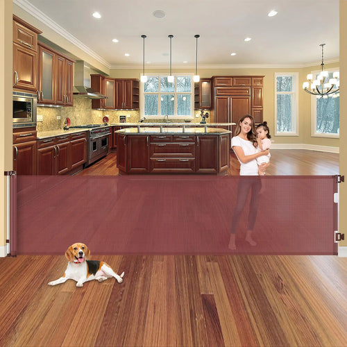 110 Inch Retractable Baby Gates Extra Wide Dog Gate for Large Openings Indoor Retractable Dog Gate Outdoor Retractable Gate Extra Long Baby Gate for Doorways Large Dog Gate for Stairs Deck Gate Brown