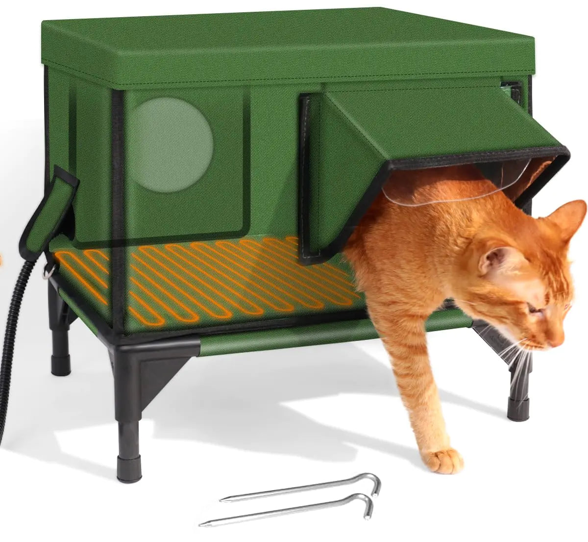 Elevated Heated Cat House for Outdoor Cat Outside Heated Cat Bed Cat Shelter Kitty with Pet Heating Pad Waterproof & Safe Escape Door & Insulated Weatherproof Home for Stray Cat