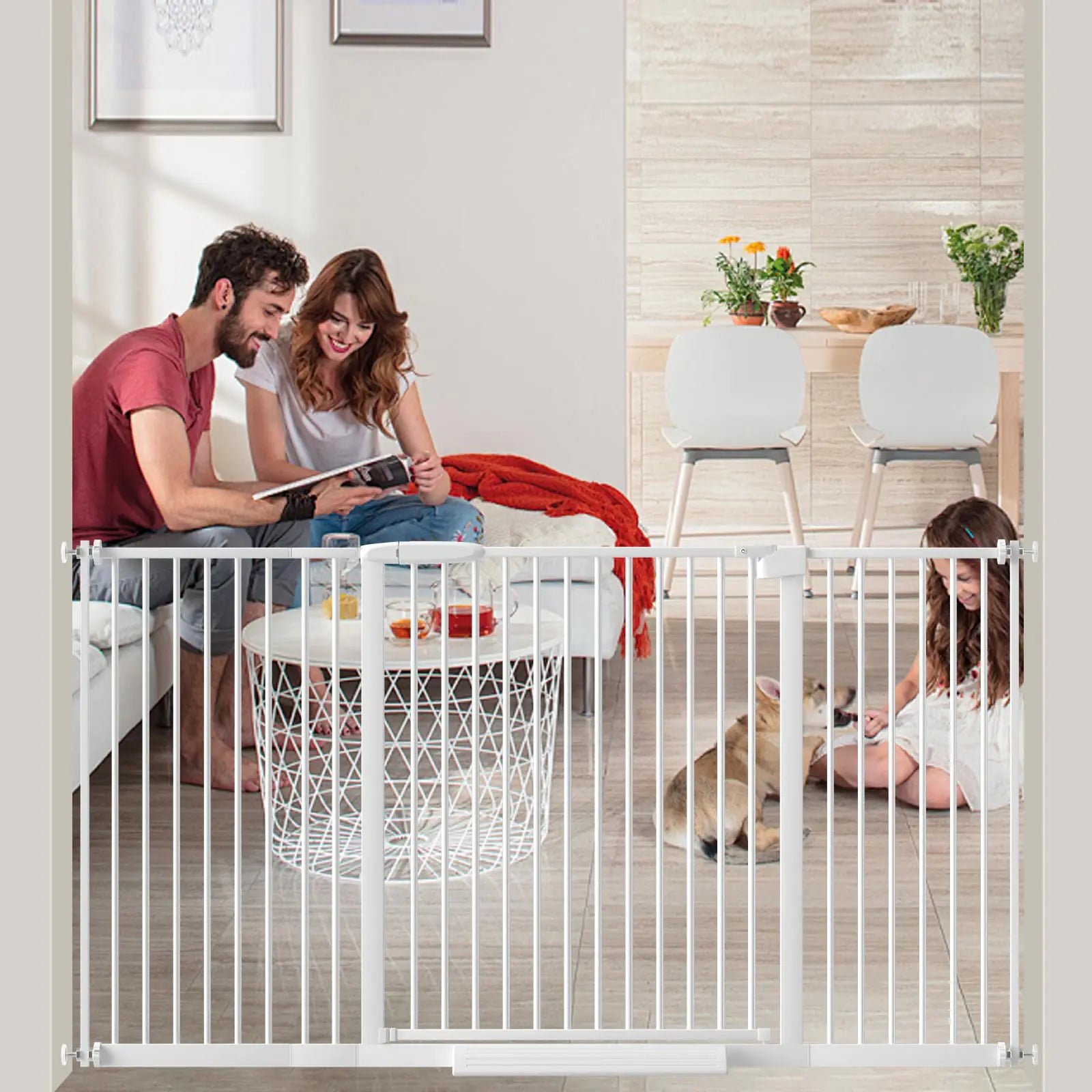 AIKSIWAI Extra Wide Baby Gate 30.11-77.36"Ultra Narrow 1.37" Spacing Dog Gate indoorDouble Lock Auto Close Pet Gate for HousePressure Mounted Baby Gate Easy Walk Through Pet Gate for Hallway(White)