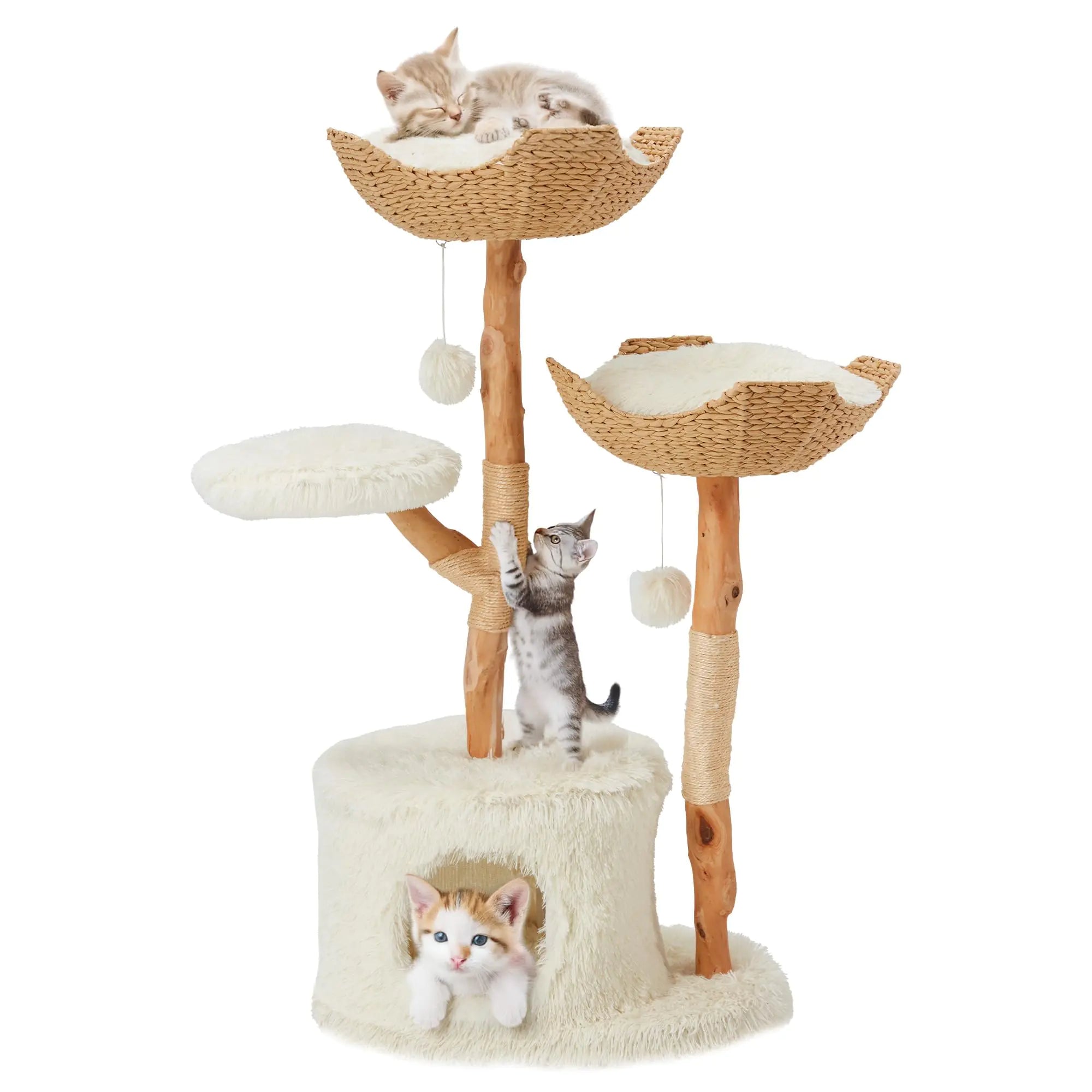 Wooden Modern Cat Tree Cute Cat Tree with Scratching Post Modern Cat Condos with Jumping Platforms and 2 Cat Beds Luxury Cat Tree House Cat Tower for Indoor Cats - Velvet White