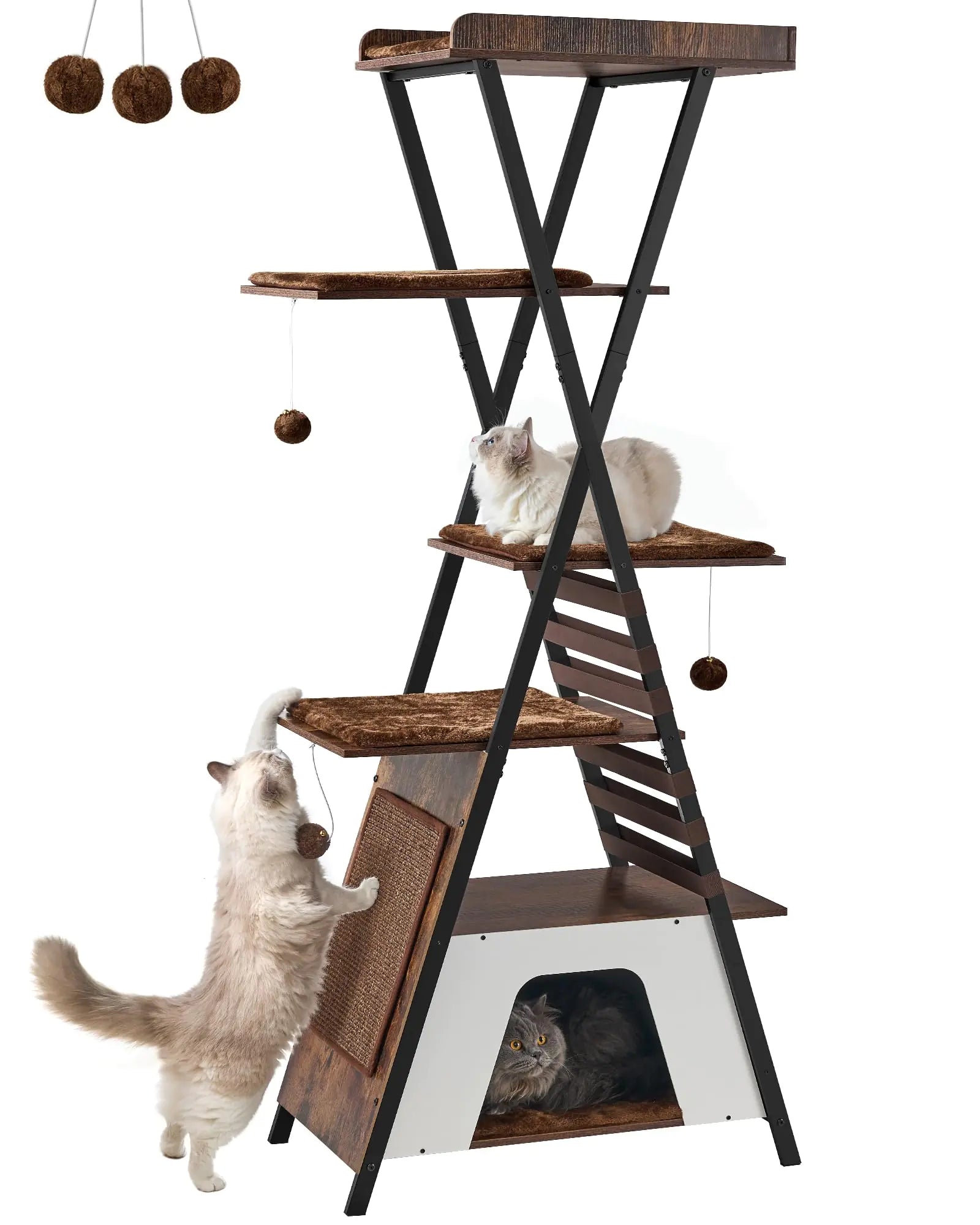 FourFurPets 72.4" Cat Tree Modern Cat Tower for Indoor Cats Multi-Level Cat Condo with Caves Tall Cat Tree with Cat Scratching Board Wooden Cat Tower with Large Perch Removable Pads Rustic Brown