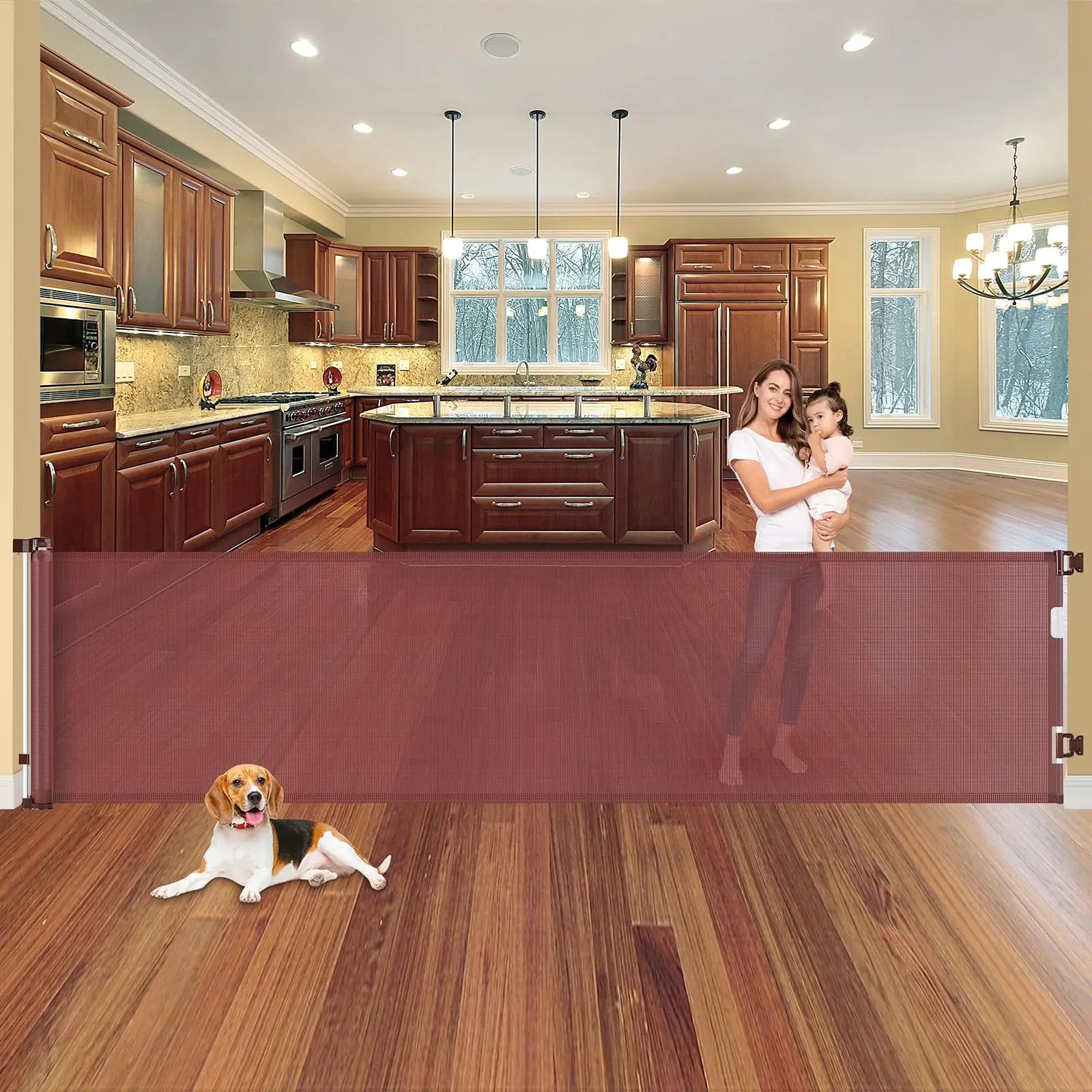 110 Inch Retractable Baby Gates Extra Wide Dog Gate for Large Openings Indoor Retractable Dog Gate Outdoor Retractable Gate Extra Long Baby Gate for Doorways Large Dog Gate for Stairs Deck Gate Brown