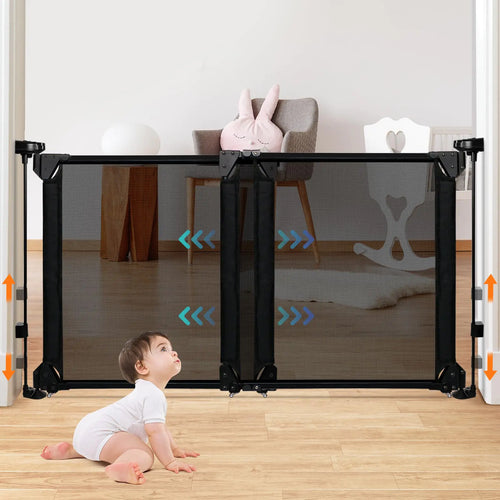 34-55" Adjustable Width Baby Gate Foldable Extra Wide Baby Gate Metal Frame Dual Openings No Bottom Bar Baby Gate for Stairs Doorways Hallways Porches Decks Mesh Baby Gate Child Gate Dog Gate