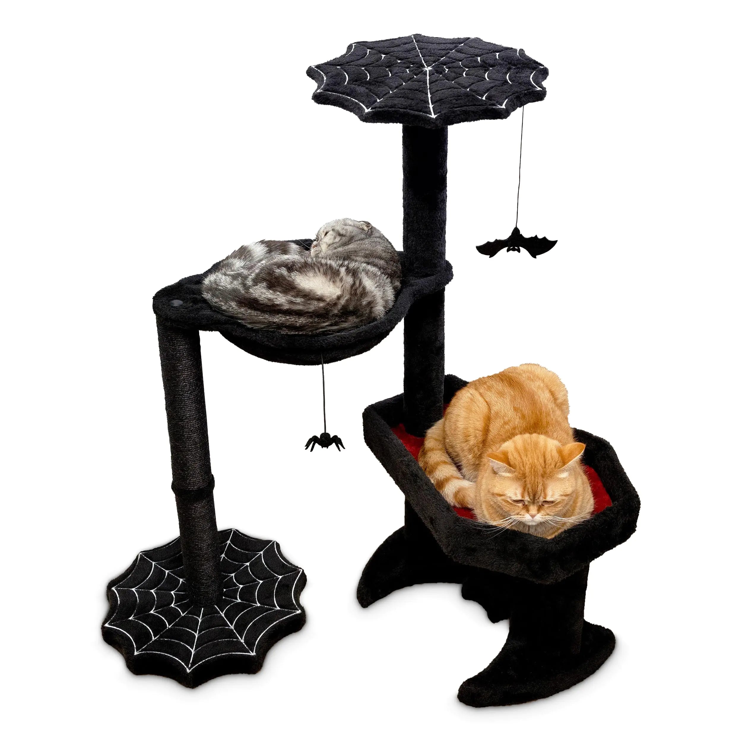 Littlesy Gothic Cat Tree with Coffin Cat Bed Hammock Spider & Bat Goth Cat Toys - 35 Inch Tall Coffin Cat Tree for Gothic Cat Lovers with Luxurious Gothic Cat Bed Experience Black and Red